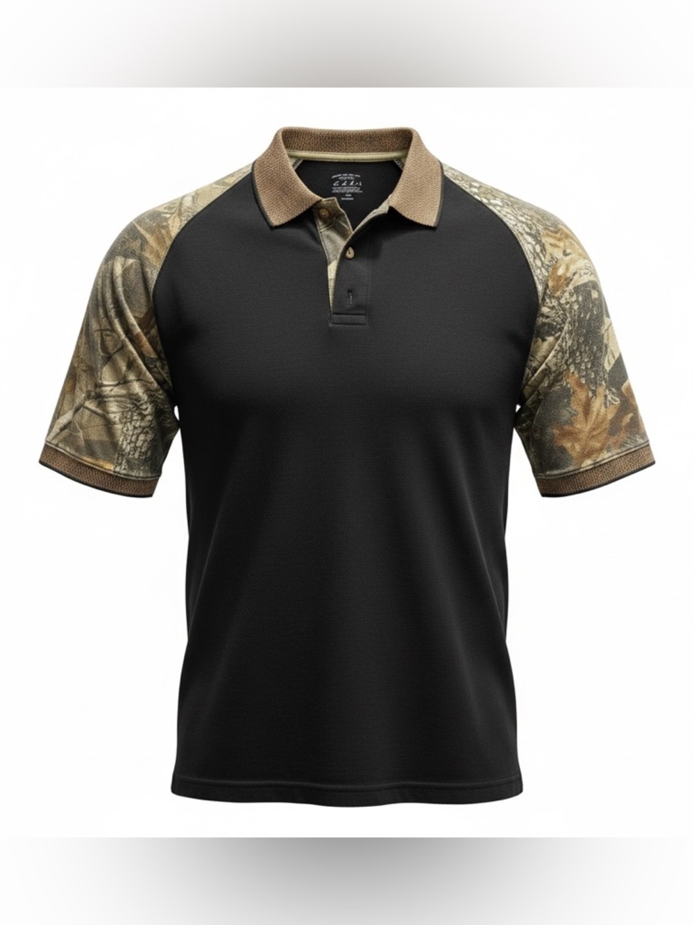 Cabela's EUC Black Polo with Tan Camouflage Sleeves